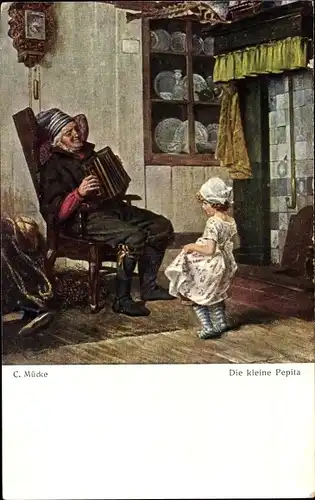Künstler Ak Mücke, C., Die kleine Pepita, tanzendes Mädchen, Großvater mit Akkordeon