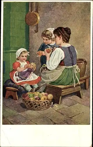 Künstler Ak Kinderfreuden, Drei Mädchen mit Obstkorb