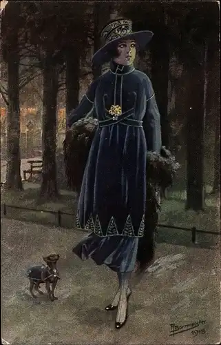 Künstler Ak Borrmeister, R., Verabredung, Frau in blauem Mantel mit Hut