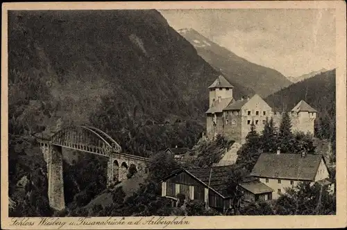 Ak Tobadill Tirol, Schloss Wiesberg und Trisannabrücke a.d. Arlbergbahn, Viadukt