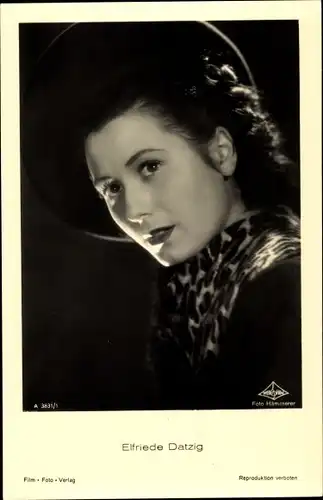 Ak Schauspielerin Elfriede Datzig, Portrait, Hut, Film Foto Verlag A 3831/1
