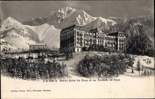 Ak Caux Kt. Waadt Schweiz, Grand Hotel, Rochers de Naye, Gebirgskette