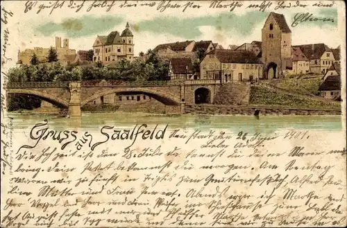 Litho Saalfeld an der Saale Thüringen, Blick auf die Stadt, Brücke