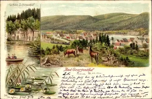 Litho Georgenthal in Thüringen, Gesamtansicht, Kurhaus Schützenhof, Hirsch, Rehe