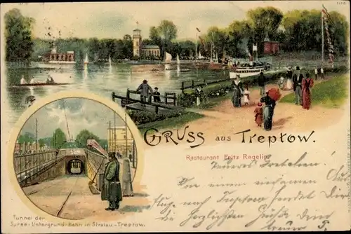 Litho Berlin Treptow, Kaiser Wilhelmgarten, Dampferanlegestelle, Tunnel der Spree U-Bahn