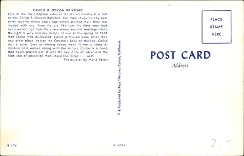 Ak Calico Kalifornien USA, Calico & Odessa Railroad