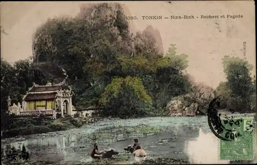Ak Ninh Bình Tonkin Vietnam, Rochers et Pagode