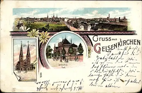 Litho Gelsenkirchen im Ruhrgebiet, Panorama, Kath. Kirche, Landratsamt