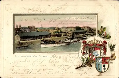 Präge Wappen Passepartout Ak Ludwigshafen am Rhein, Panorama mit Dampfer