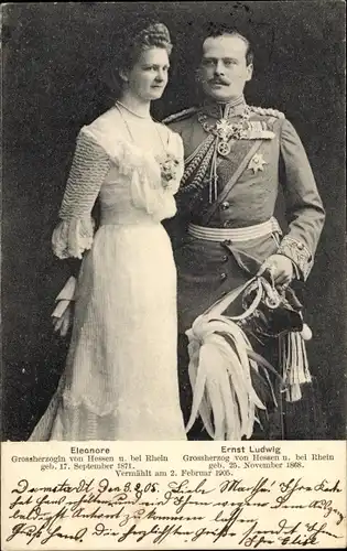 Ak Großherzog Ernst Ludwig von Hessen, Großherzogin Eleonore, Hochzeit 1905, Portrait