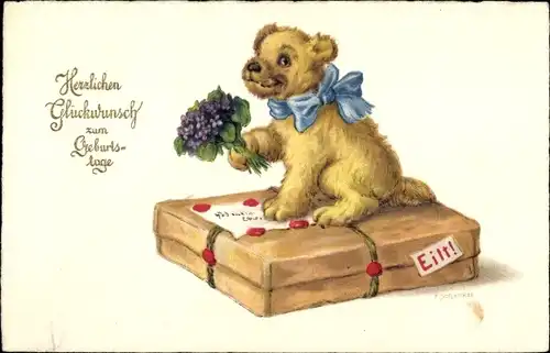 Ak Glückwunsch Geburtstag, Teddy auf Paket sitzend, Blumenstrauß