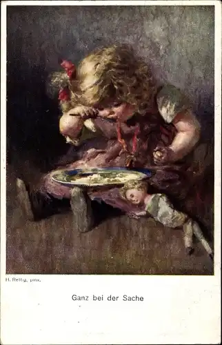 Künstler Ak Rettig, H., Ganz bei der Sache, Mädchen beim Essen, Puppe