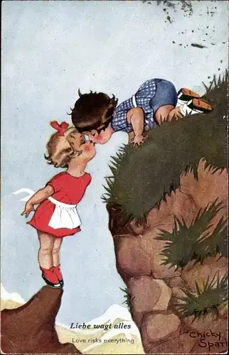 Künstler Ak Spark, Chicky, Liebe wagt alles, Kinder küssen sich über Abgrund hinweg