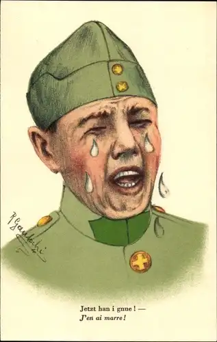 Künstler Ak Gautschi, R., Schweizer Soldat weint dicke Tränen