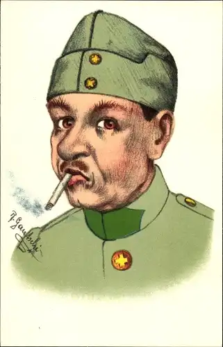 Künstler Ak Gautschi, R., Schweizer Soldat in Uniform, Zigarette rauchend