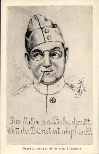 Künstler Ak Gautschi, R., Schweizer Soldat mit Zigarette