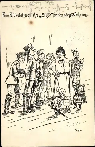 Künstler Ak Frau Feldwebel sucht ihre Stütze für das nächste Jahr aus, Soldaten, Frau mit Kindern