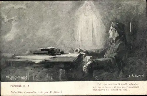 Künstler Ak Balestrieri, L., Paradiso c. IX, Mann am Schreibtisch, Frauenerscheinung
