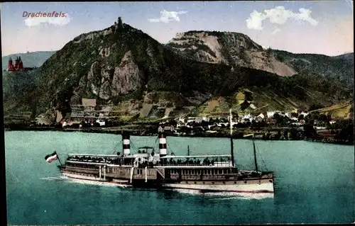 Ak Königswinter am Rhein, Drachenfels, Blick auf den Ort, Salondampfer