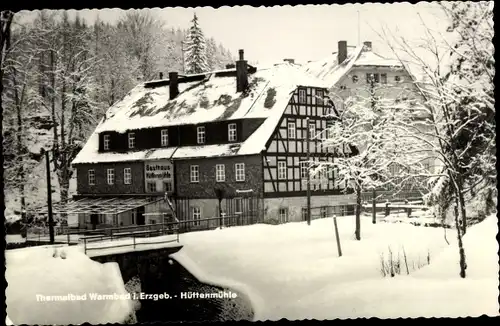 Ak Wolkenstein im Erzgebirge, Gasthof Hüttenmühle, Fachwerkhaus, Winter