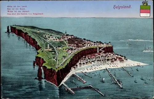 Künstler Ak Helgoland, Gesamtansicht der Insel, Hafen