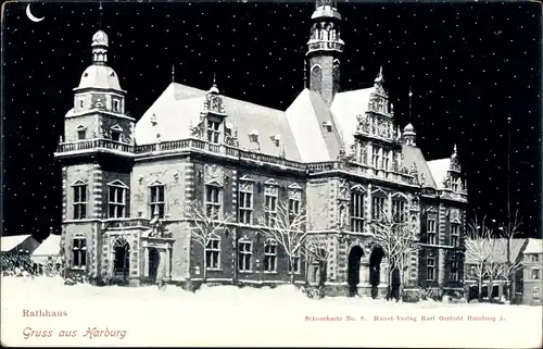 Ak Hamburg Harburg, Rathaus, Nacht, Schnee