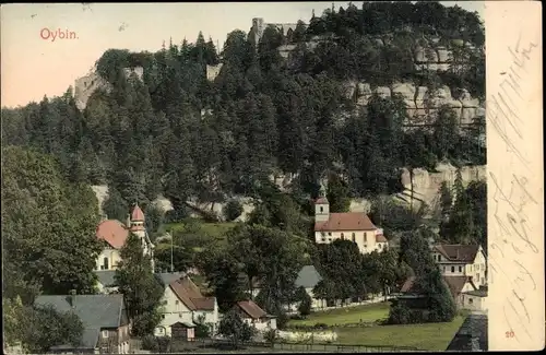 Ak Oybin in der Oberlausitz, Ortsansicht, Kirche, Berg
