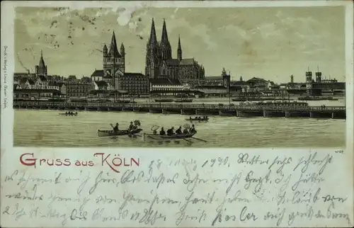 Mondschein Litho Köln am Rhein, Dom, Rheinpartie, Brücke