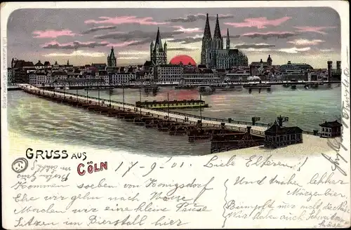 Litho Köln am Rhein, Dom, Rheinpartie, Brücke