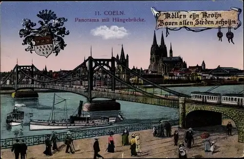 Ak Köln am Rhein, Panorama mit Hängebrücke, Wappen, Dampfer, Dom