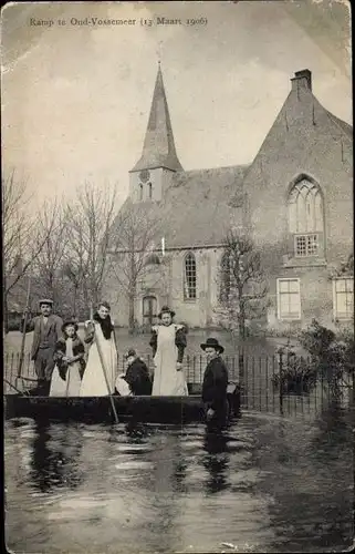 Ak Oud Vossemeer Zeeland Niederlande, Hochwasser im Ort, 1906, Kirche, Menschen im Boot