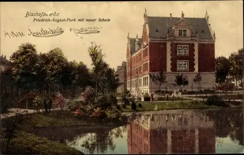 Ak Bischofswerda in Sachsen, Friedrich-August-Park mit neuer Schule