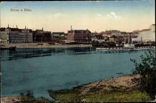 Ak Riesa an der Elbe Sachsen, Uferpartie, Panorama, Dampfer