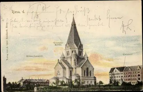 Ak Riesa an der Elbe Sachsen, Militär-Lazareth, Trinitatis-Kirche, Pfarrhaus