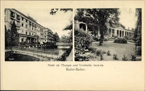 Ak Baden Baden am Schwarzwald, Hotel de l'Europe und Trinkhalle vis-à-vis
