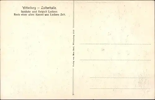 Ak Lutherstadt Wittenberg, Lutherhalle, Sanduhr und Betpult, Reste einer alten Kanzel