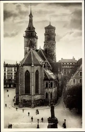 Ak Stuttgart in Württemberg, Stiftskirche mit Schillerdenkmal