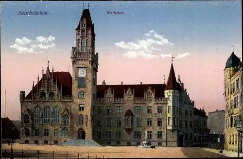 Ak Saarbrücken, Rathaus, Brunnen