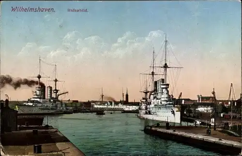 Ak Wilhelmshaven, Hafenbild mit Kriegsschiffen