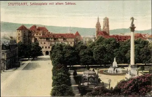 Ak Stuttgart in Württemberg, Schlossplatz mit altem Schloss, Springbrunnen