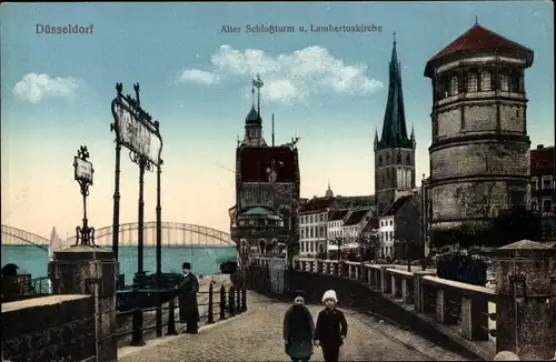 Ak Düsseldorf am Rhein, Alter Schlossturm und Lambertuskirche, Brücke