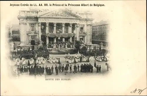 Ak Bruxelles Brüssel, Entree de le Prince et la Princesse Albert de Belgique, Revue des Ecoles