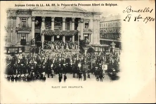 Ak Bruxelles Brüssel, Entree de le Prince et la Princesse Albert de Belgique, Salut des Drapeaux