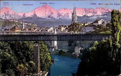 Ak Bern Stadt Schweiz, Stadtpanorama und die Alpen, Jungfrau, Jungfraujoch, Mönch