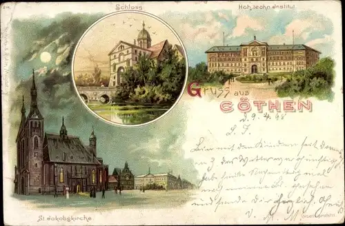 Litho Köthen in Anhalt, Schloss, St. Jakobs Kirche, Technisches Institut