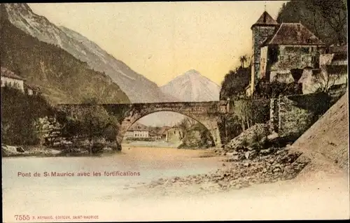 Ak Saint Maurice Kanton Wallis, Brücke, Berge