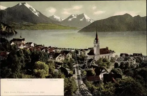 Ak Vitznau Kt. Luzern Schweiz, Panorama vom Ort und Vierwaldstättersee, Bahnstrecke