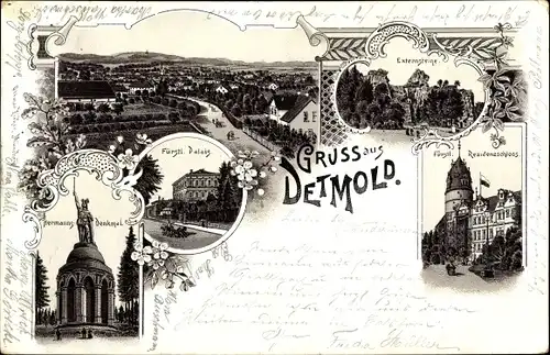 Litho Detmold in Nordrhein Westfalen, Palais, Hermannsdenkmal, Externsteine, Residenzschloss