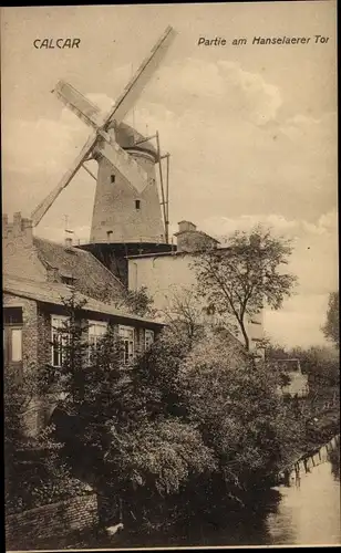 Ak Kalkar am Niederrhein, Partie am Hanselaerer Tor, Windmühle