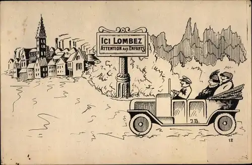 Künstler Ak Chauffeur mit seinen Passagieren im Auto am Ortseingang